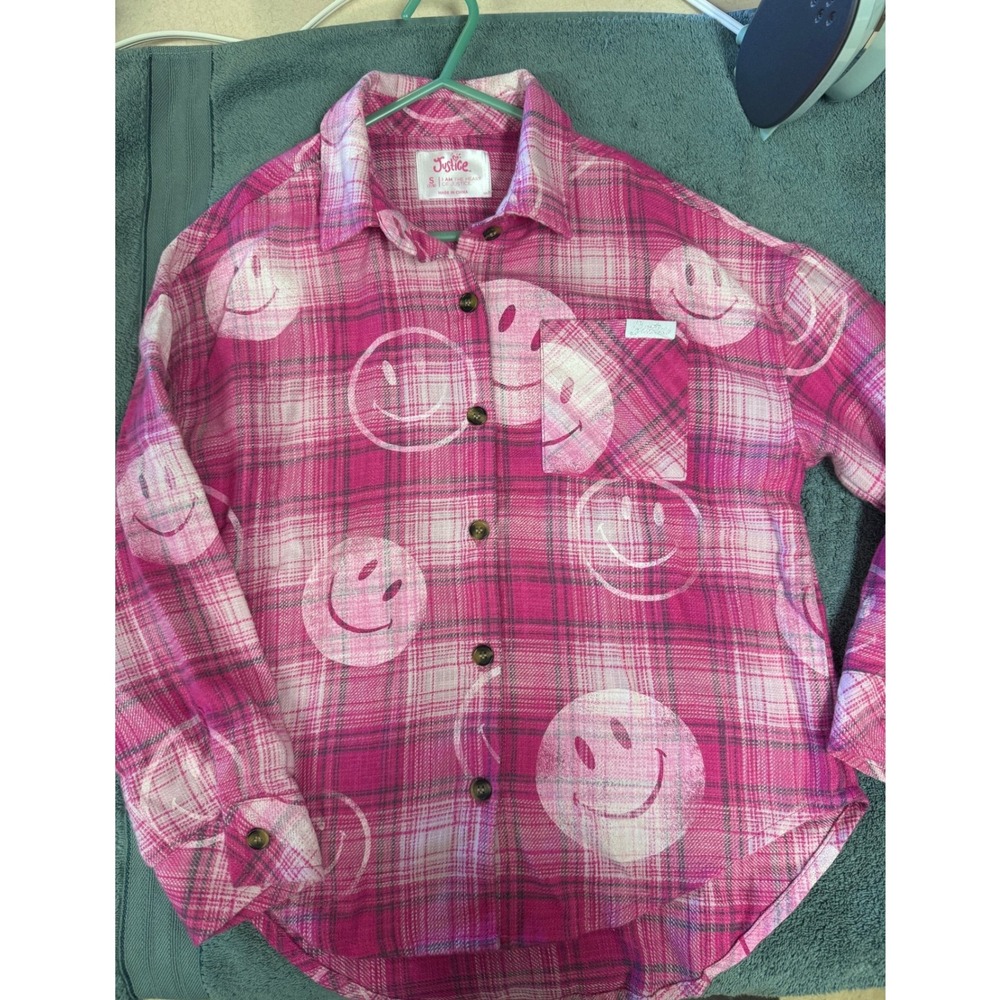 Justice Girls Pink Plaid Smiley Face Flannel Button Down Shirt Size S 7/8
